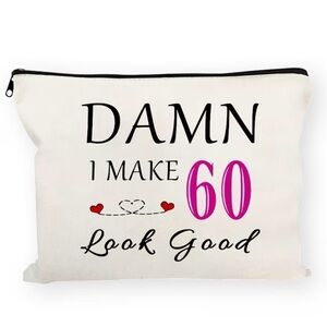 60th Birthday Cosmetic Pouch - White with Black & Pink Accent